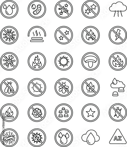 Comprehensive safety standards line icons set featuring fire resistance waterproof anti-bacterial UV protection and hypoallergenic material certification symbols