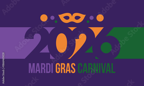 Mardi Gras Carnival in New Orleans. Fat Tuesday. Traditional holiday, celebration annual. Folk festival, costume masquerade, fun party. Carnival mask. Poster, card, banner and background. Vector