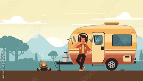 Listening Music During Road Trip With Man In Headphones By Camper