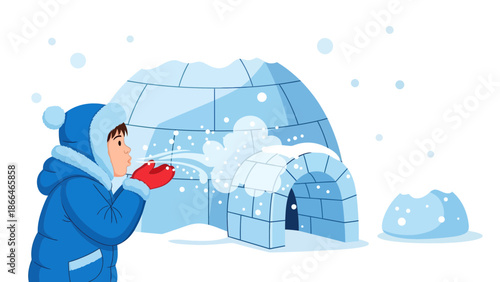 Little Boy In Winter Clothing Blowing Snow In Front Of An Igloo
