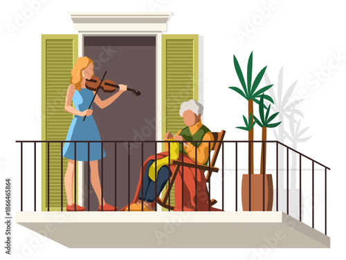 People on balcony. Violinist plays music. Old woman knits. Cozy leisure house facade or terrace, calm leisure and senior person care. Hobby and relaxation. Vector cartoon flat illustration