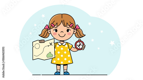 Little Explorer Girl Holds Map and Compass for Adventure Journey