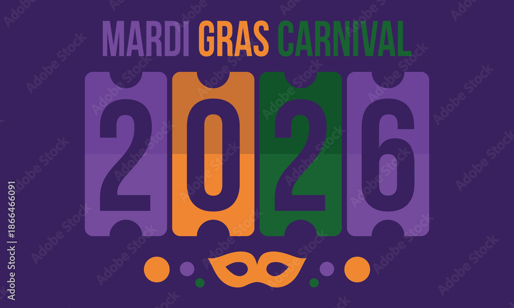 Fototapeta premium Mardi Gras Carnival in New Orleans. Fat Tuesday. Traditional holiday, celebration annual. Folk festival, costume masquerade, fun party. Carnival mask. Poster, card, banner and background. Vector