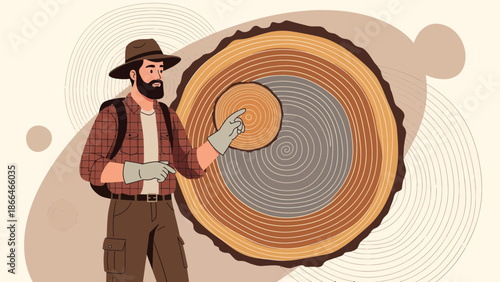 Logger Explaining Tree Rings And Growth Showing Wood Cross Section