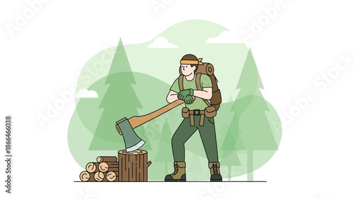 Logger Preparing Firewood In Forest With An Axe For Winter Season