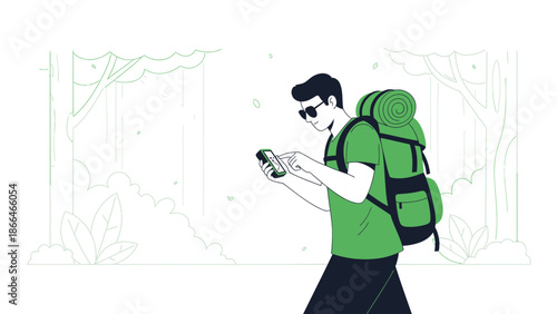 Male Hiker Navigating Forest Trail With Smartphone And Backpack In Green Tone Illustration