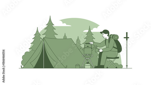 Male Hiker Enjoying Fresh Tea Near Tent in Forest Camping Adventure