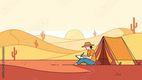 Lone Artist Camping Under The Desert Sun Drawing Inspirational Landscapes Concept