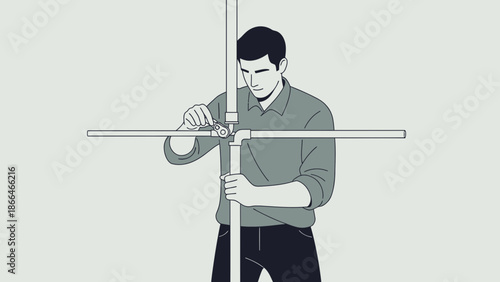 Man Assembling Metal Pipe Structure Using Wrench In Minimalist Style Illustration