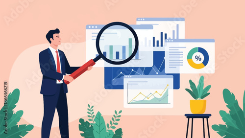 Business Analyst Examines Data Charts with Magnifying Glass Across Digital Dashboards and Graphs for Insights