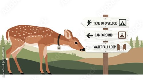 Lost Fawn Looking at Directions Sign In a Beautiful Natural Landscape Illustration