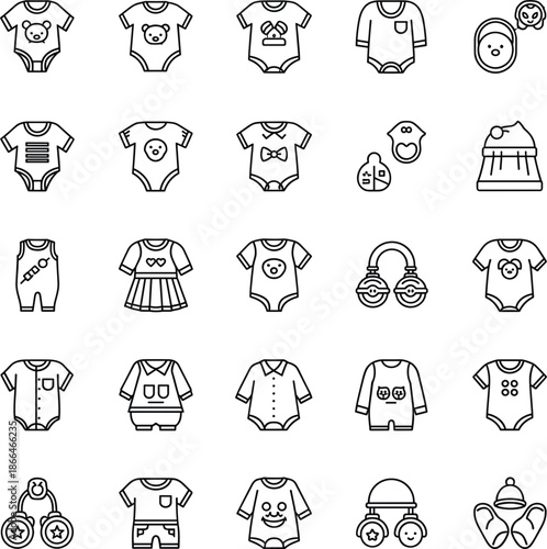 Infant clothing and baby accessories line icons set featuring onesies dresses shirts pacifiers rattles and newborn apparel symbols.
