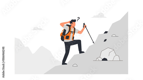 Lost Hiker Confused on Rocky Mountain Hiking Trail with Backpack