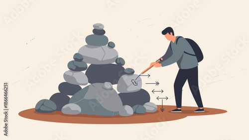 Man Attempts To Balance Rocks Creating Rock Stacking Art Installation Near Sand Pit