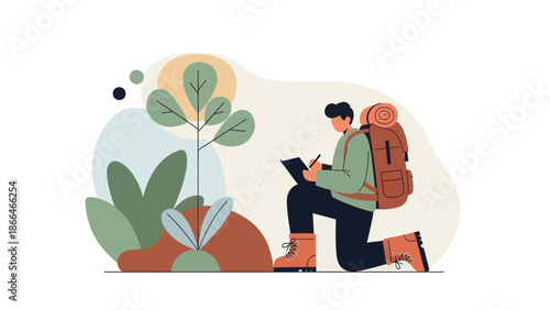 Man Backpacking And Making Observations Of The Surrounding Flora With Notes
