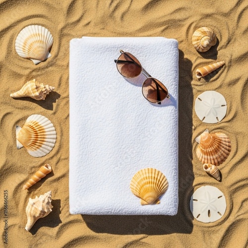Beach towel and sea shells on sand
