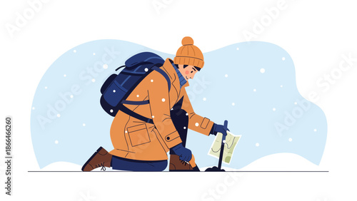 Lost Hiker Consulting a Map in a Winter Wonderland Landscape Vector Illustration