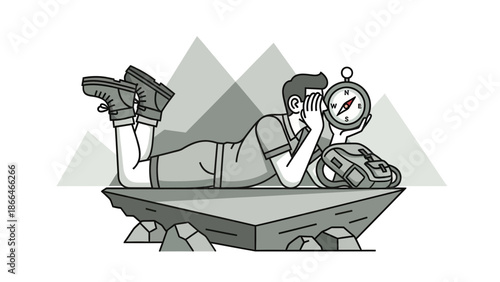 Lost Hiker Consulting Compass Adventure Journey On Mountain Peak Illustration