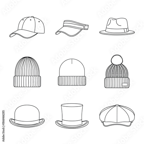 Collection of various headwear and hat line icons featuring fedoras beanies winter caps berets and traditional sombrero styles.