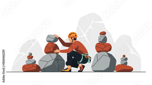 Man Balancing Stones On Mountain Achieving Harmony And Peaceful Rock Stacking