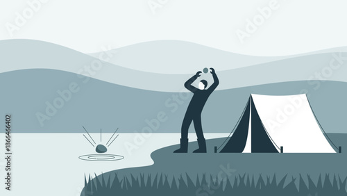 Man Camping By The Lake Throwing Stones On The Water Recreation Silhouette
