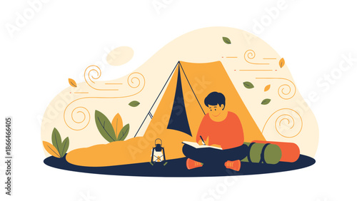 Man Camping Outdoors And Writing In His Journal In A Nature Filled Scene