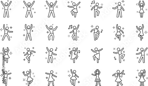 Dance and Celebration Line Icon Set featuring Minimalist Stick Figures Dancing Jumping Having Fun and Partying in Outline Vector Style