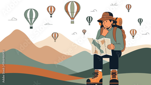 Lost Hiker Reading a Map in the Mountains with Hot Air Balloons Illustration