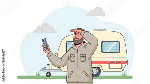 Lost Hiker Searching Signal By Using Cellphone With Camping Trailer Background
