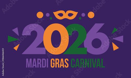 Mardi Gras Carnival in New Orleans. Fat Tuesday. Traditional holiday, celebration annual. Folk festival, costume masquerade, fun party. Carnival mask. Poster, card, banner and background. Vector