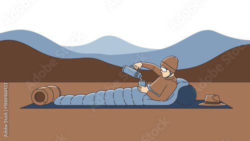 Man Camping With Hot Drink Enjoying Nature in Sleeping Bag On Adventure Trip