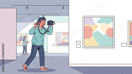 Man Capturing Artistic Masterpieces Exhibition In The Museum On Holiday Trip