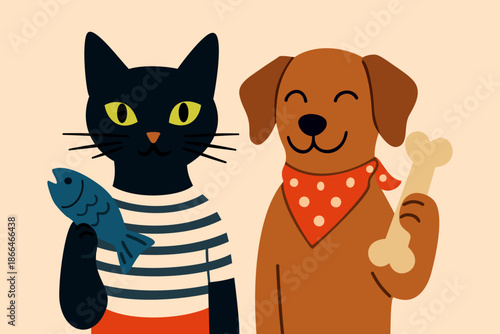 Pet shop advertisement. Black cat holding fish and brown dog holding bone. Vector poster