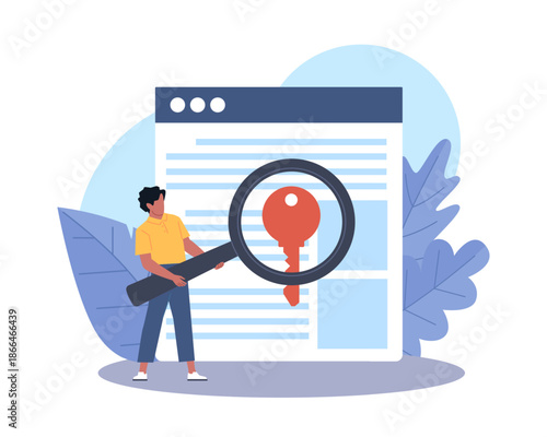 Keyword search. Seo, guy chooses relevant words with magnifying glass, popular tags, web document with key icon, content analysis and optimization in digital content cartoon vector concept
