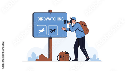 Man Capturing Birds Near Birdwatching Sign In Nature Scenery Illustration