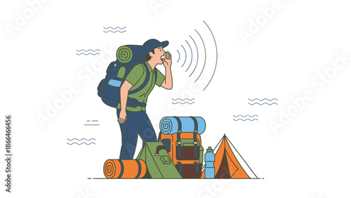 Lost Hiker Shouting For Help In Wilderness Landscape Illustration