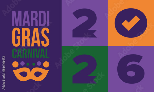 Mardi Gras Carnival in New Orleans. Fat Tuesday. Traditional holiday, celebration annual. Folk festival, costume masquerade, fun party. Carnival mask. Poster, card, banner and background. Vector