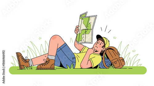 Lost Hiker With Map Resting In Grass Trying To Find Direction