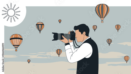 Man Capturing Hot Air Balloons Rising During Sunrise with Professional Camera