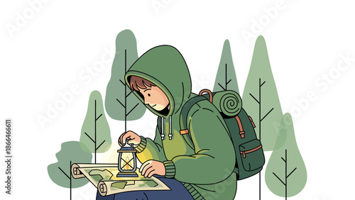 Lost In The Woods Hiker With A Lantern And Map Exploring The Unknown Path