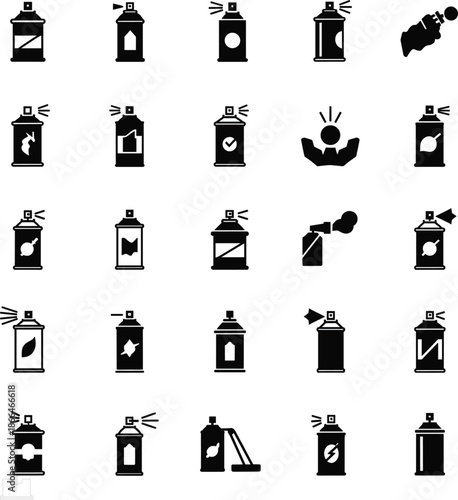 Professional spray can icons set featuring aerosol containers paint sprays deodorants hairsprays and pressurized household cleaning product symbols.