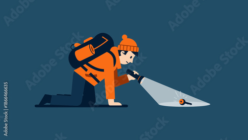 Lost Keys Concept Depicting Traveler Looking With Flashlight Illustration
