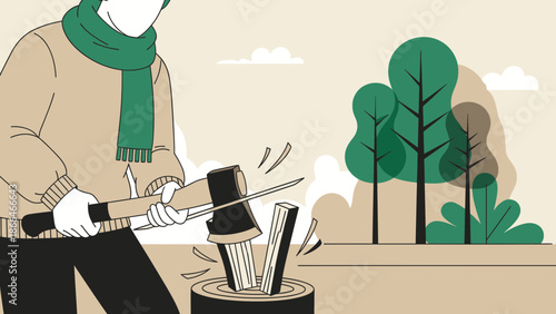 Man Chops Wood In Forest With Axe Vector Illustration Design