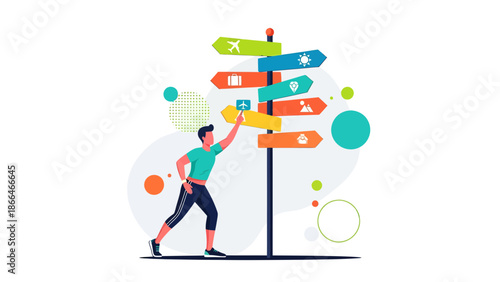 Man Choosing Travel Destination From Directional Sign Showing Vacation Options