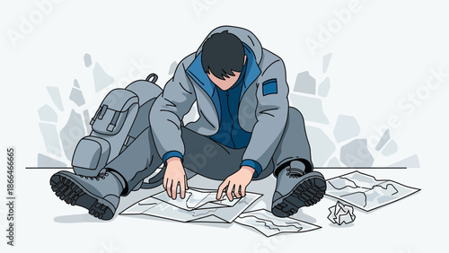 Lost Man Sits On The Ground, Looking At A Map With A Backpack Beside Him