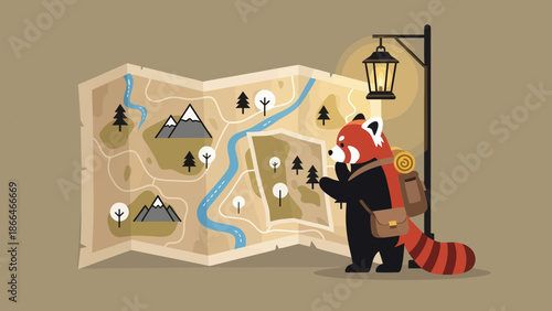 Lost Red Panda Explorer Planning A Hiking Trip By Map Under Streetlight