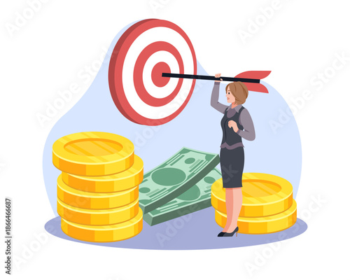 Goals and objectives. Business professional growth and plan, business woman hits arrow in center of target, stacks of coin and banknote, vector cartoon flat isolated achievement concept