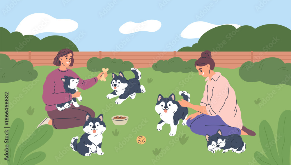 Obraz premium Cute husky characters. Girls take care of puppies, breeders of pedigreed dogs, small fluffy pets in yard of house, woman sitting on grass in park garish vector cartoon isolated concept