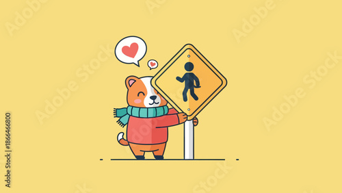 Loving Dog with Pedestrian Crossing Sign Emphasizing Safety and Affection