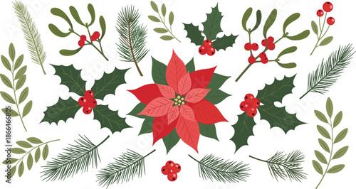 Vibrant Christmas floral arrangement with poinsettia, holly, and mistletoe for holiday decor